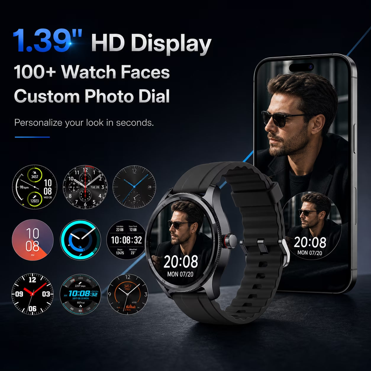 Men’S Smart Watch for Iphone & Android, 1.39" round Touchscreen, Bluetooth Calling & Text Notifications, Fitness Tracker with 100+ Sports Modes, IP68 Waterproof